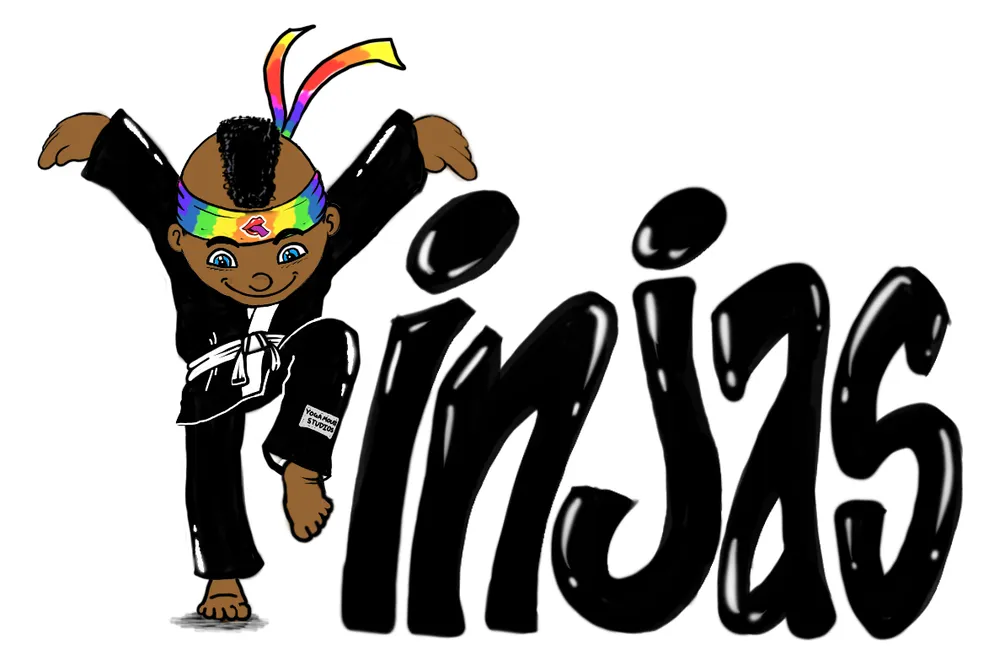 The Yinjas logo: a cartoon kid in a black gi and rainbow headband kicking through the word “Yinjas”
