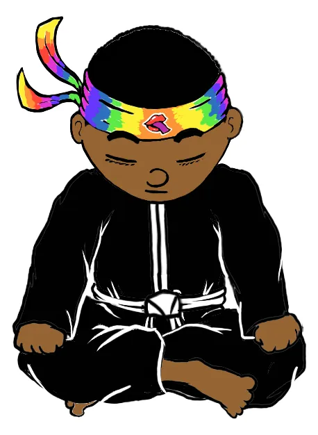 A cartoon Yinja with a mohawk and rainbow headband, sitting cross-legged in a black gi, eyes closed