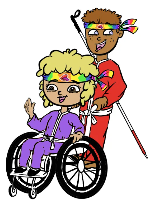 Two cartoon Yinjas: one in a red gi holding a white cane, one in a purple gi in a wheelchair, waving