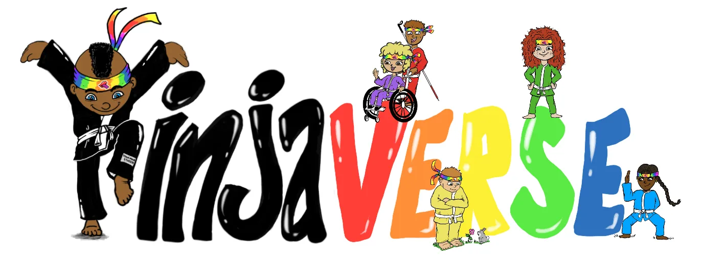 YinjaVerse: the word Yinja in black bubble letters and VERSE in rainbow letters, with the hand-drawn Yinjas crew climbing over it, one in a wheelchair and one with a white cane